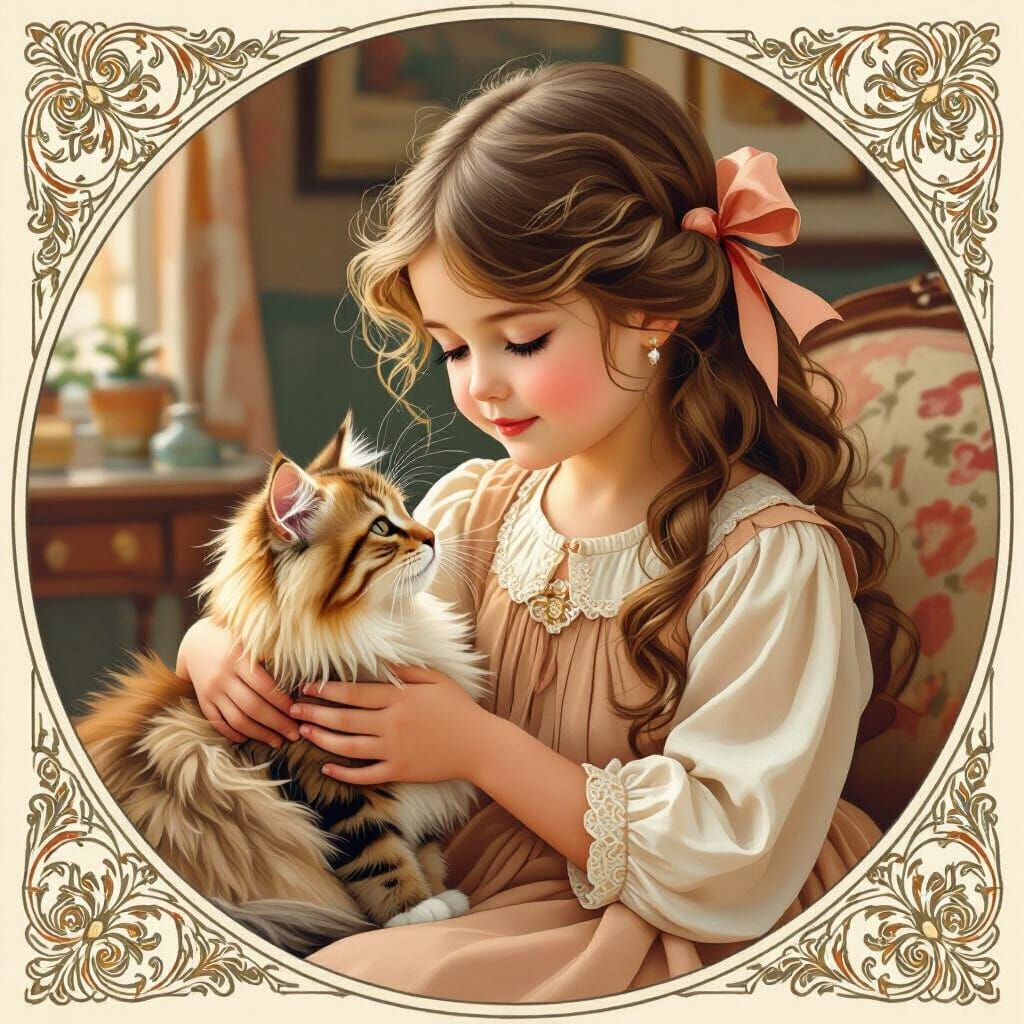 Girl Petting Cat in Art Nouveau Style