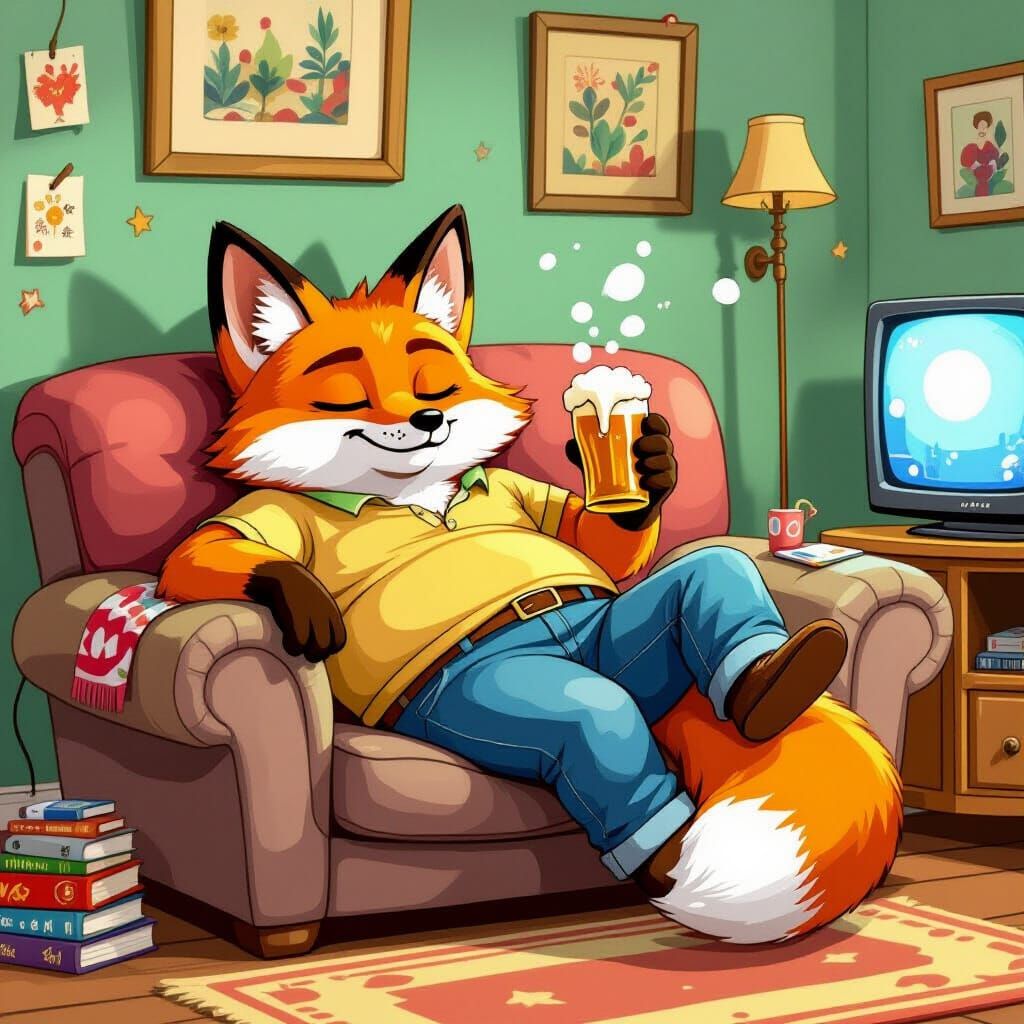Cartoon Fox Lounging, Vibrant Stylized Illustration