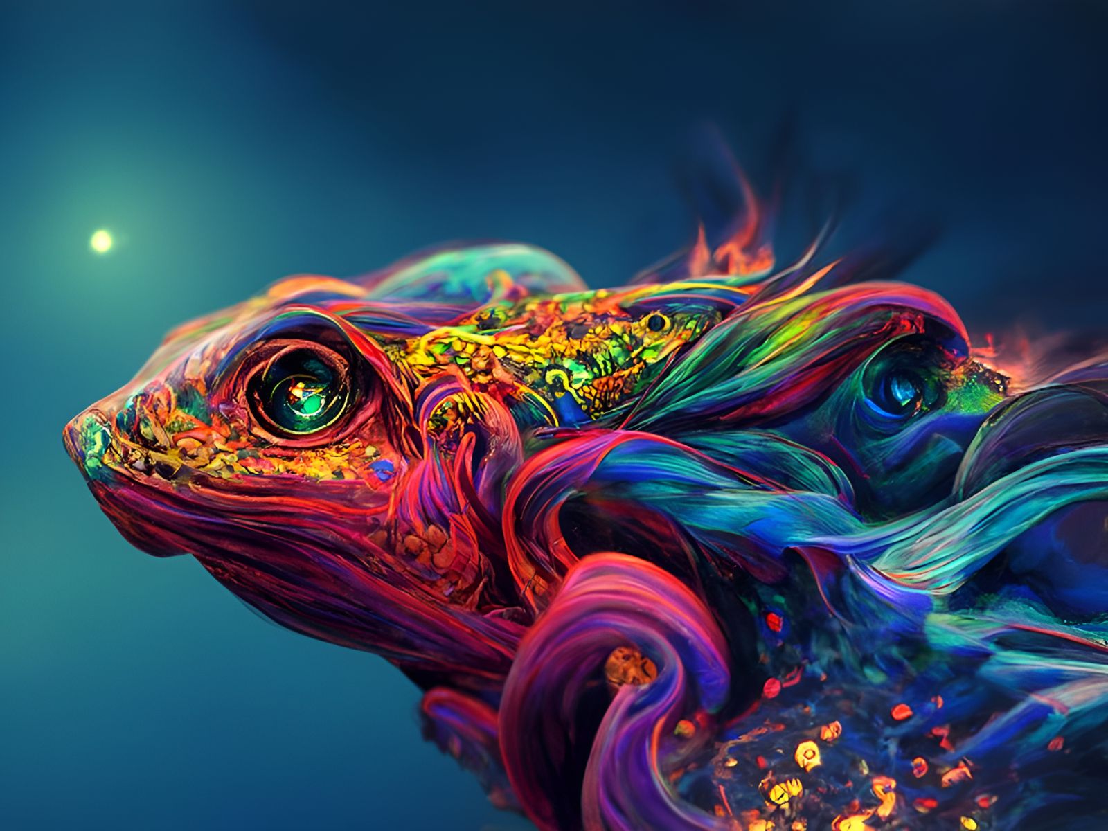 Blacklight Chameleon in Fiery Night, Detailed Illustration