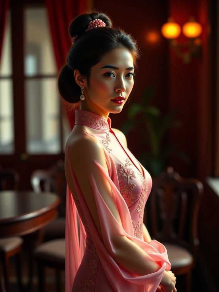 Asian Woman in Sheer Pink Cheongsam in Opulent Room