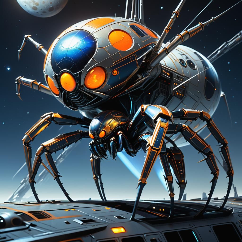 Space Spider on Spaceship Near Jupiter Moon