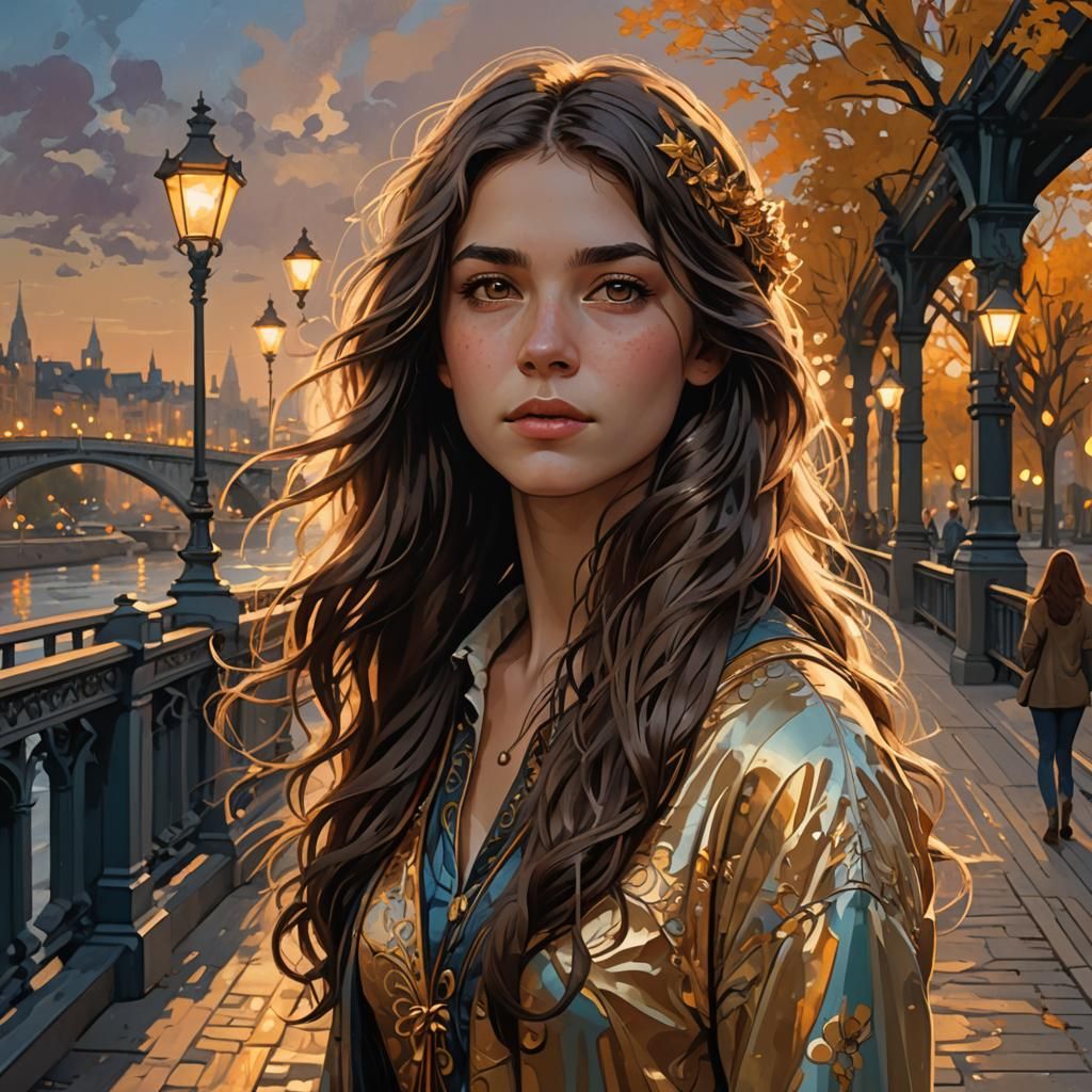 Woman on Bridge at Night in Digital Art Style