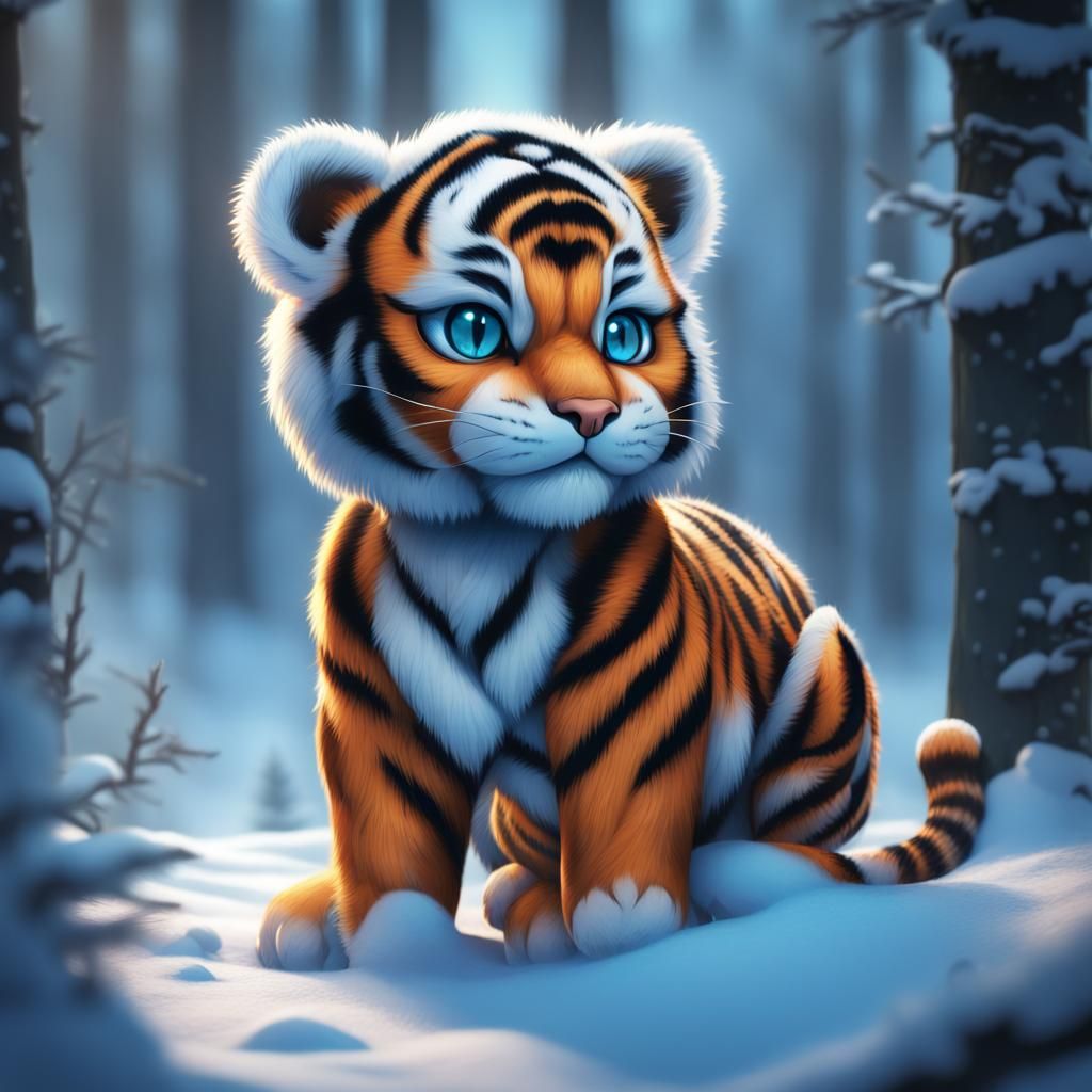 Fluffy Tiger Cub in Snowy Forest, Fantasy Art