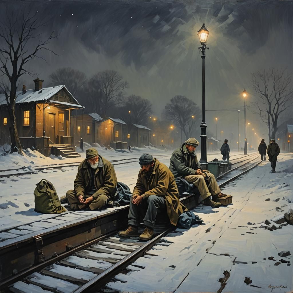 Homeless Men on Railway Platform, Oil Painting