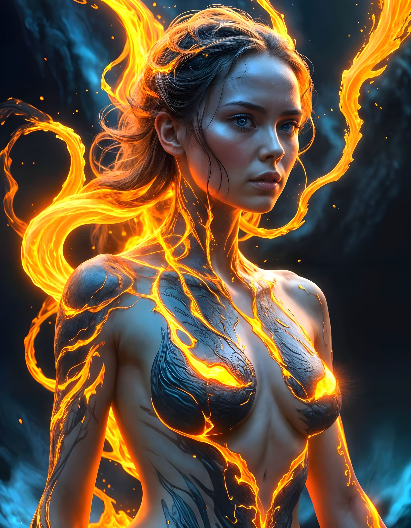 Ethereal Female Figure Amidst Flowing Lava in Hyper-Realisti...