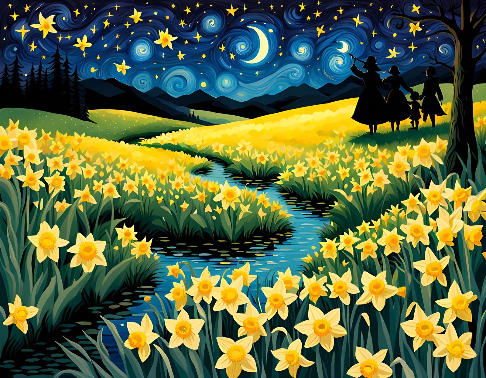 Golden Daffodils Dancing by the Lake