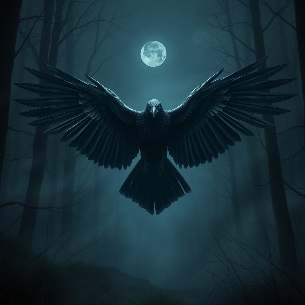 Majestic Raven in Misty Moonlit Forest