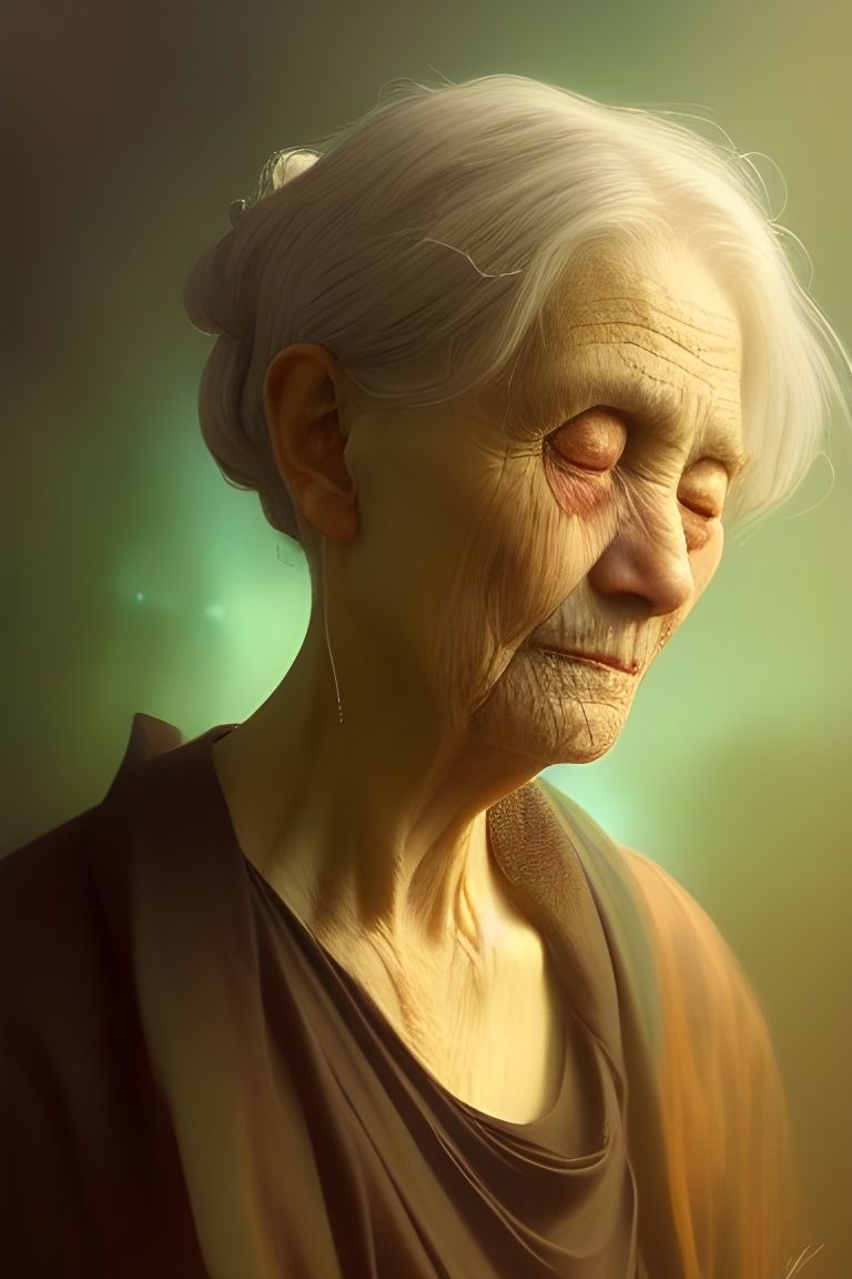 Tragic Portrait of Old Woman in Watercolor Style