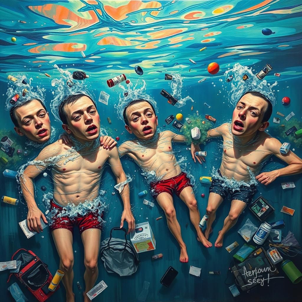 Swimmers in Trash Sea: Surreal Oil Painting