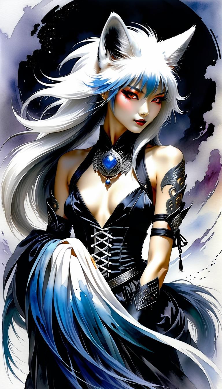 Gothic Kitsune Watercolor Illustration