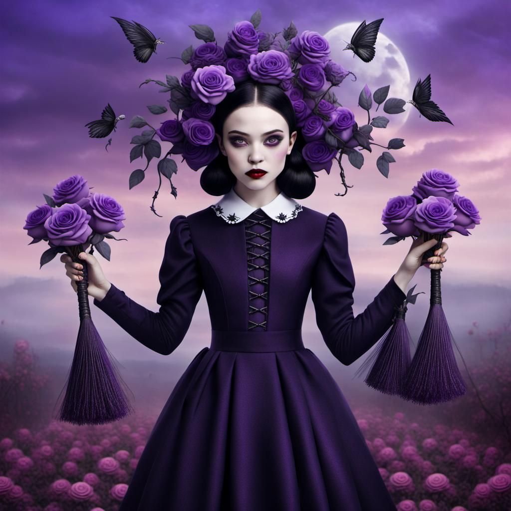 Wednesday Addams on a Broomstick, Dark Fairytale Art