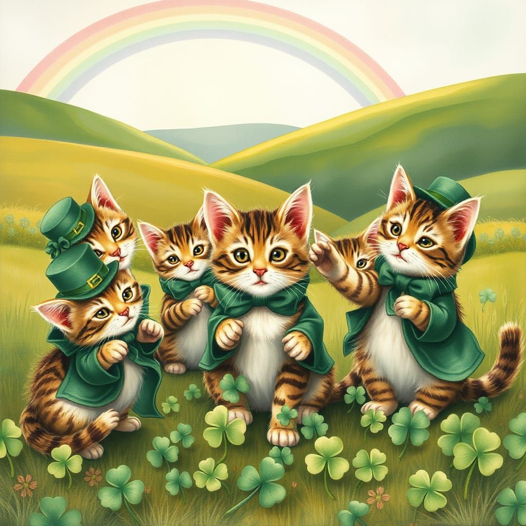 Whimsical Tabby Cats Celebrate St. Patrick's Day in Irish Co...