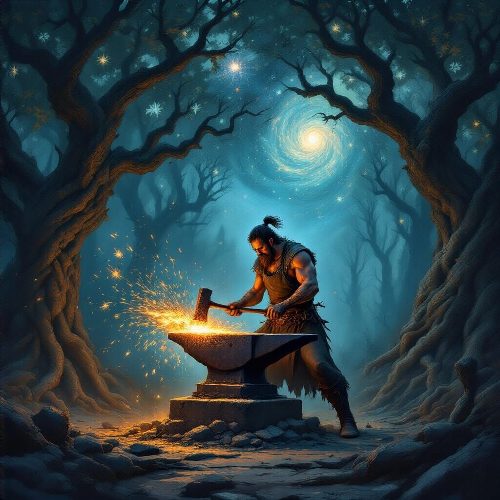 Cosmic Blacksmith Forging Stardust in Twilight Forest