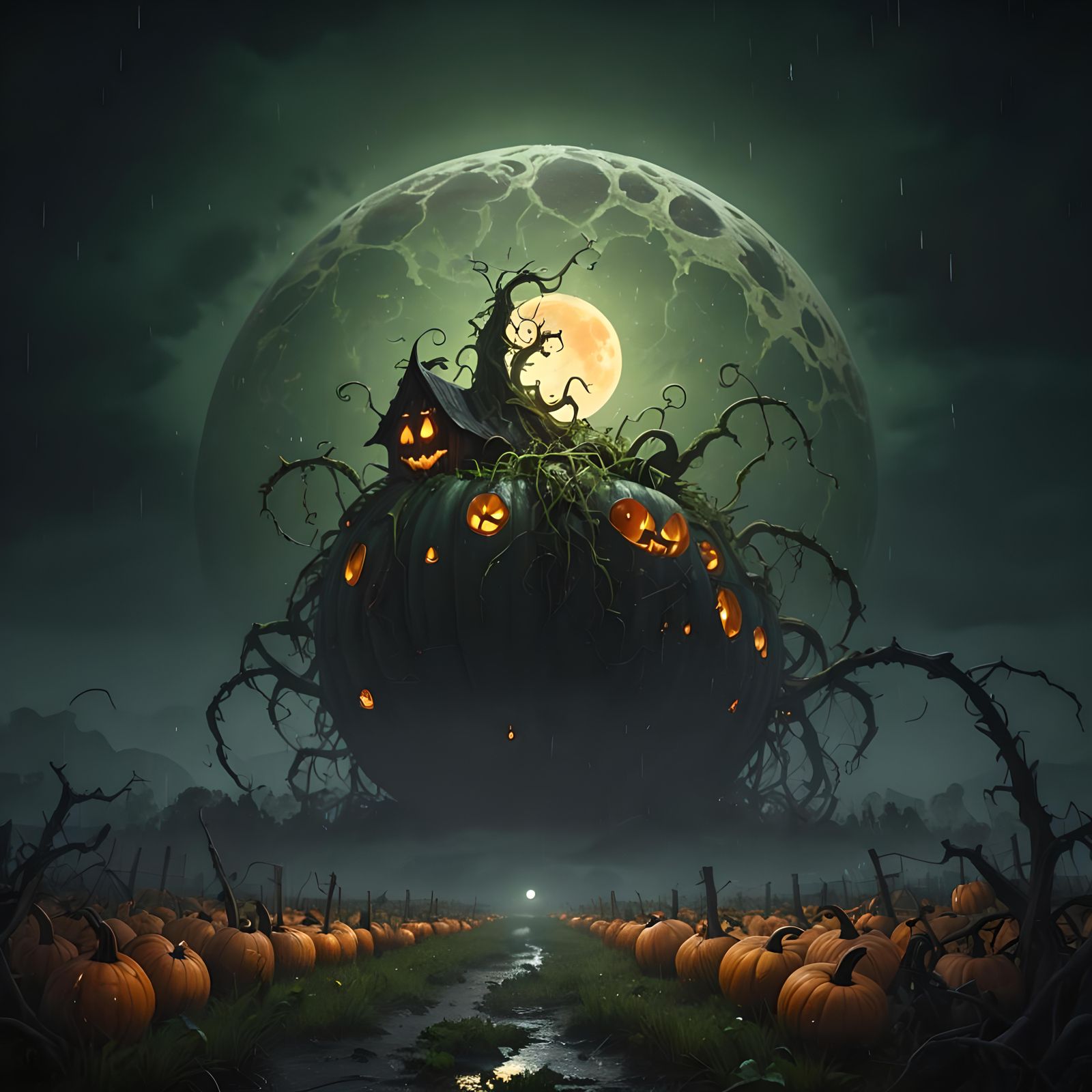 Moonlit Pumpkin Field with Twisted Vines
