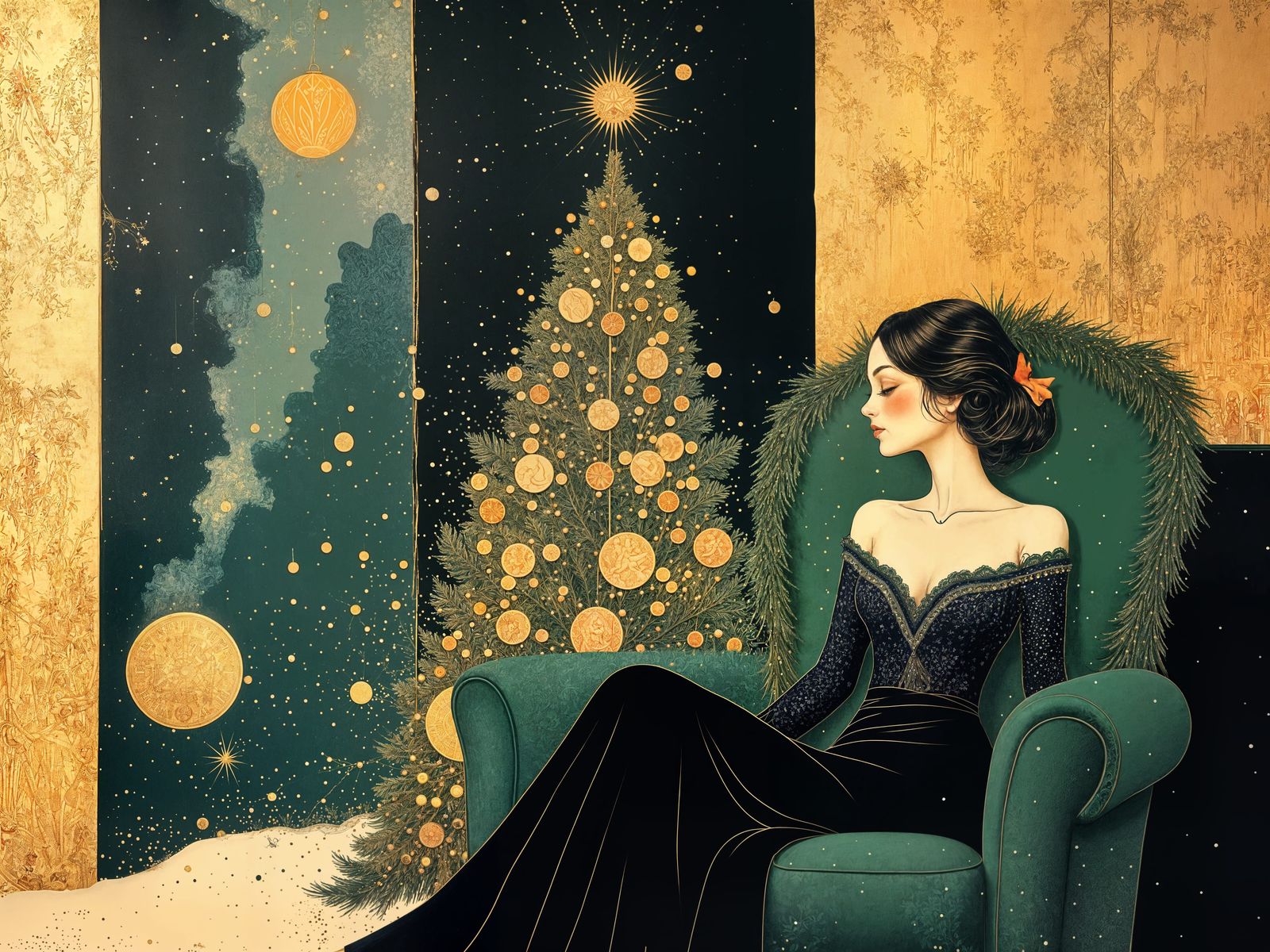 Festive 2050's Living Room Scene with Retro Gibson Girl