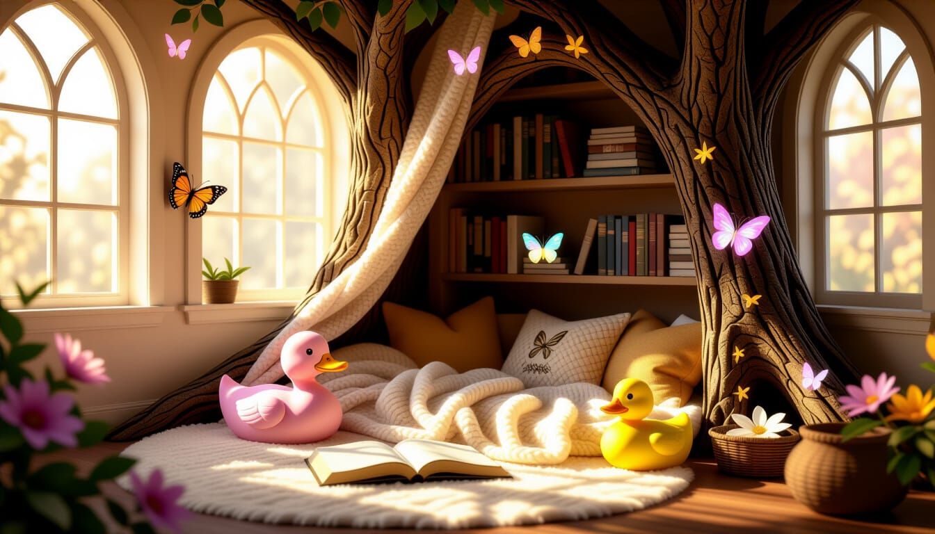Dreamy Reading Nook with Surrealist Elements