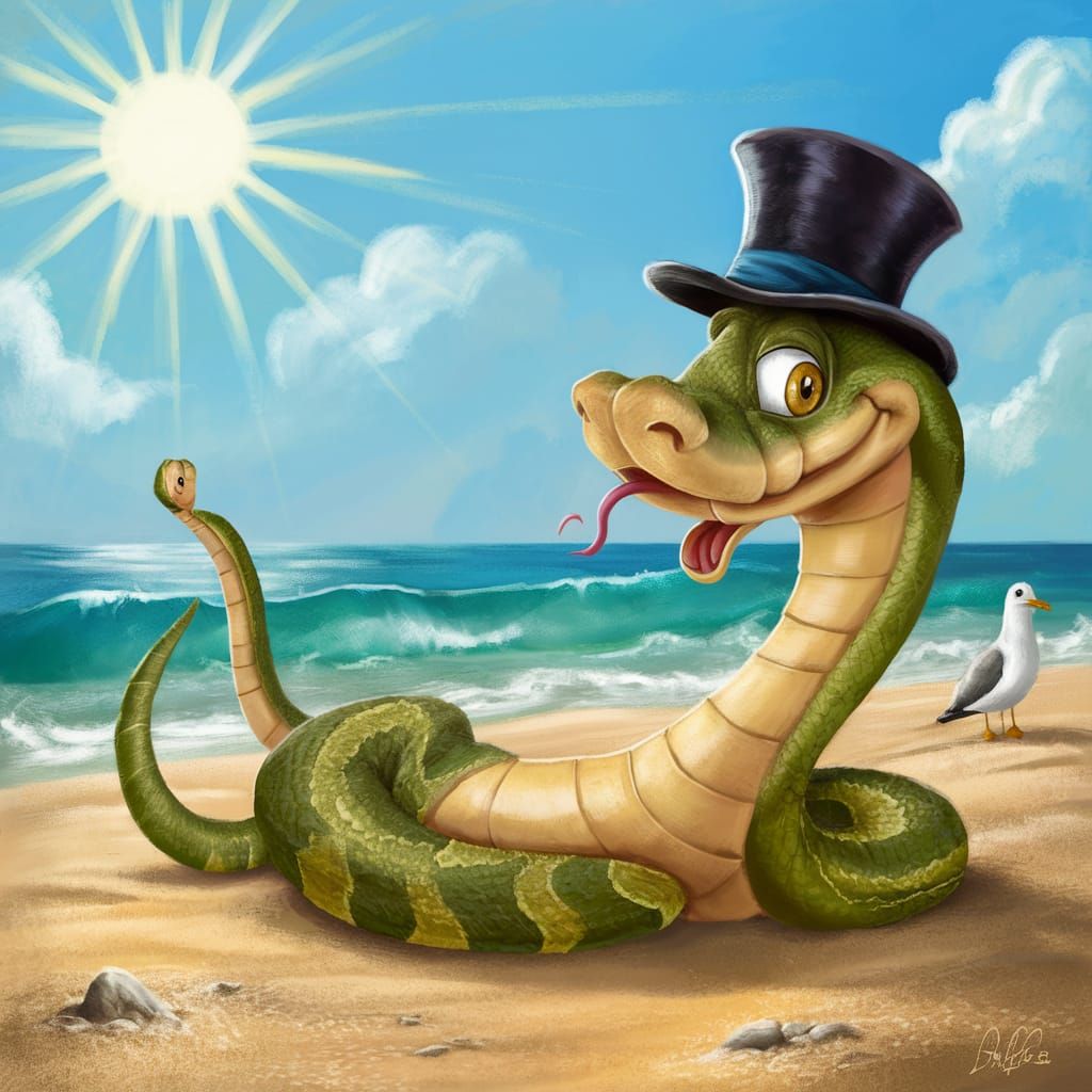 Humorous Snake Lounging on Beach in Cartoon Style
