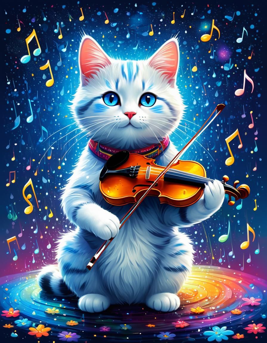 Cat Playing Fiddle in Dreamy Colorful Illustration