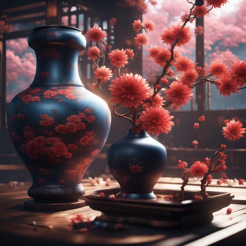 Bright Japanese Flower Vase Matte Painting