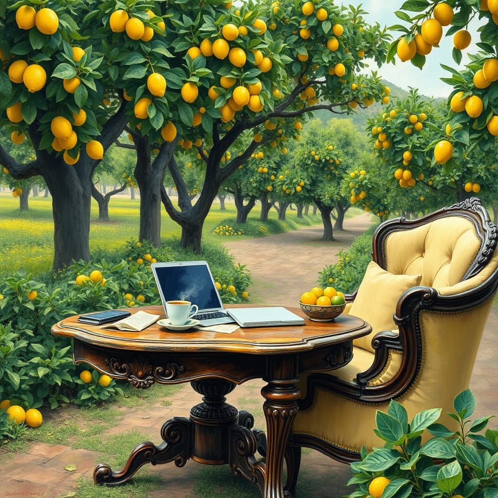 Rustic Coffee Table in Vibrant Lemon and Lime Orchard