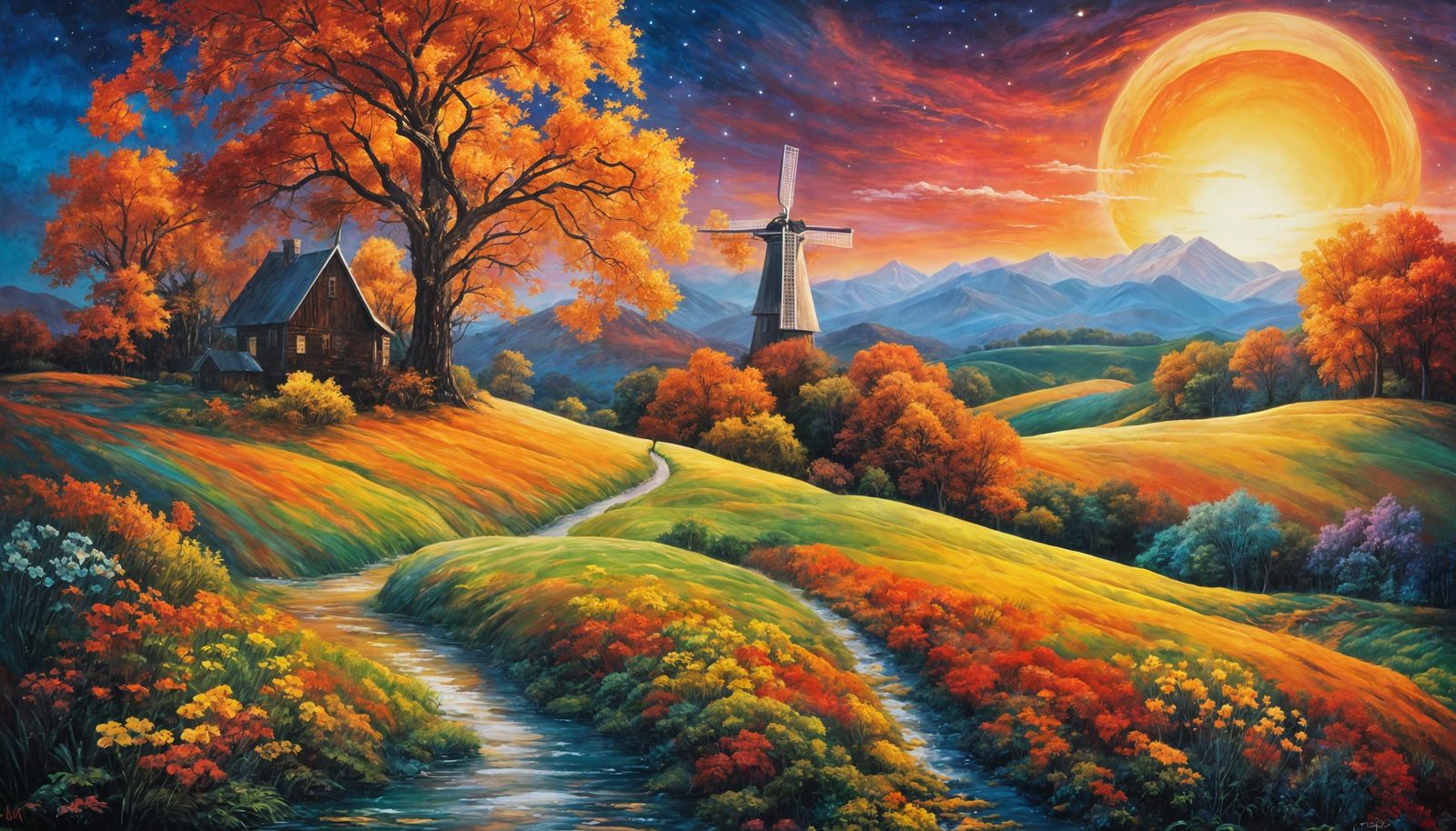 Ethereal Autumn Sunset Transcends into Cosmic Paradise