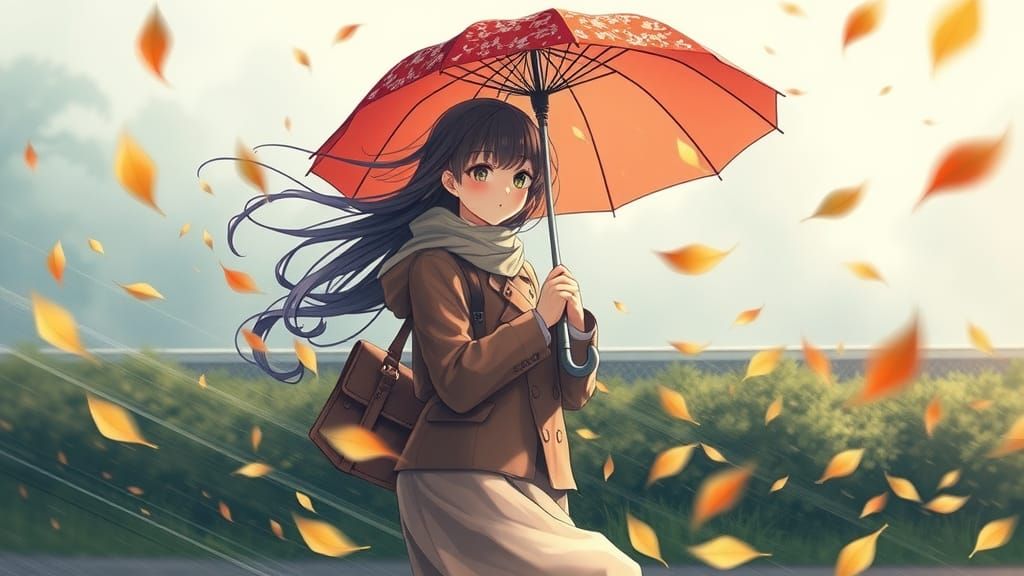 Wind blowing a kawaii anime person holding an umbrella on a misty fall day :: hyperrealistic ultra-detailed action pictu...