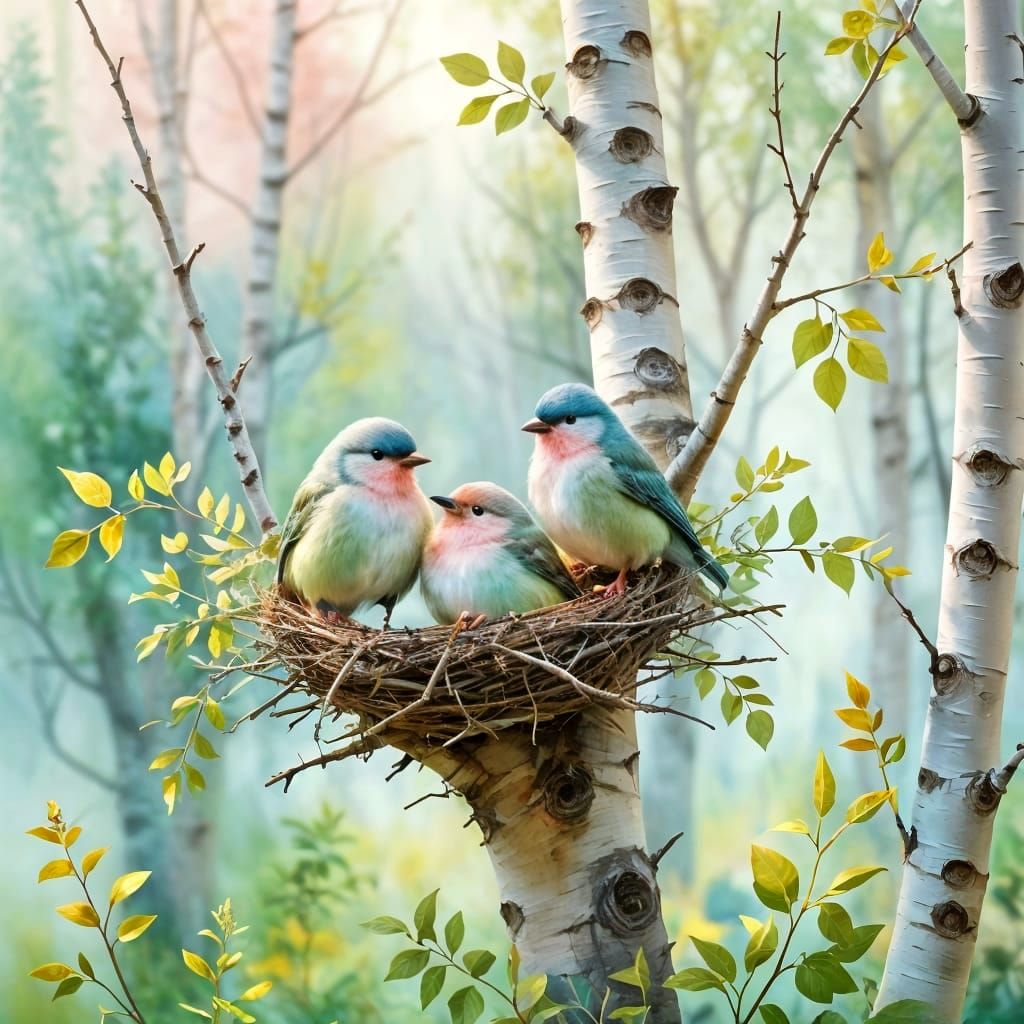 Birds in Birch Grove: Pastel Watercolor Dreamscape
