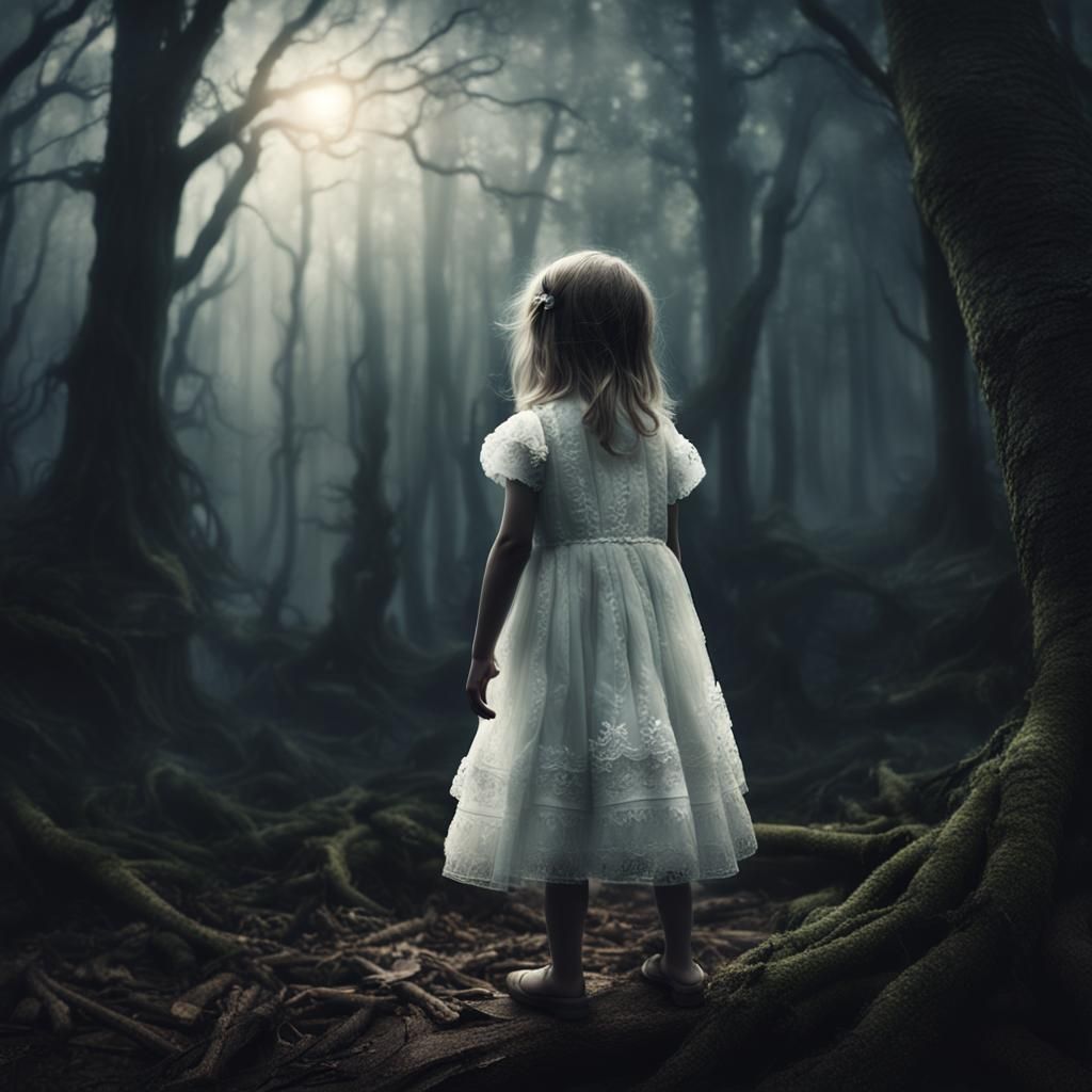 Creepy Girl in White Dress: Dark Cinematic Portrait