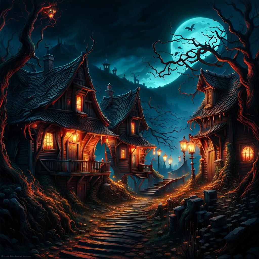 Haunted Village with Banshees in Fantasy Art Style