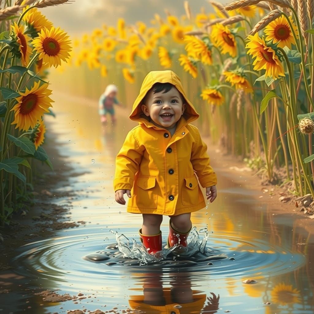Child Splashing in Puddles: Whimsical Rustic Charm
