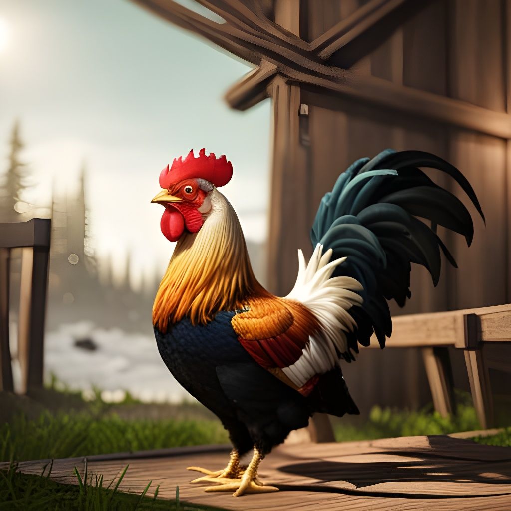 Rooster Portrait in Rustic Barn, Detailed Digital Art