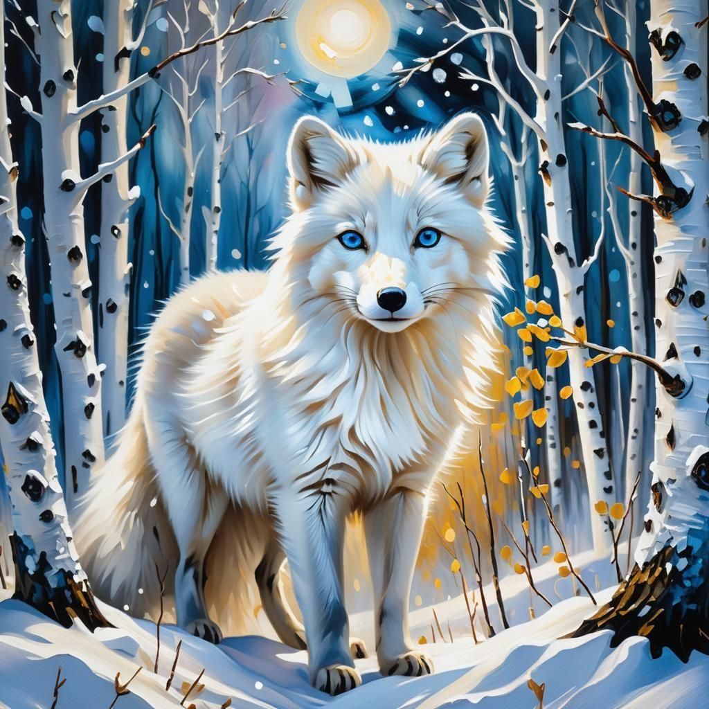 Arctic Fox Portrait in Watercolor Oil Painting Style