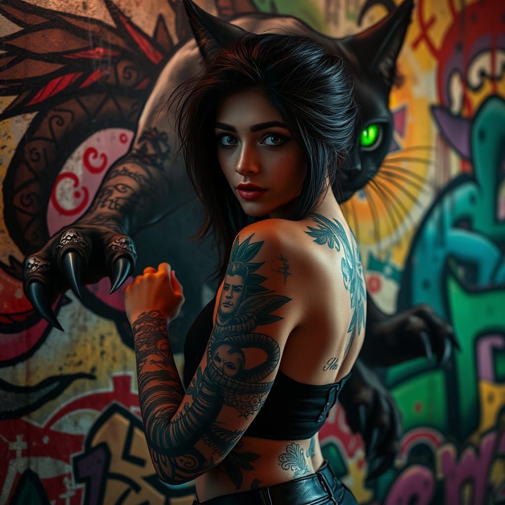 Woman with Tattooed Sleeves and Fantasy Graffiti Cat