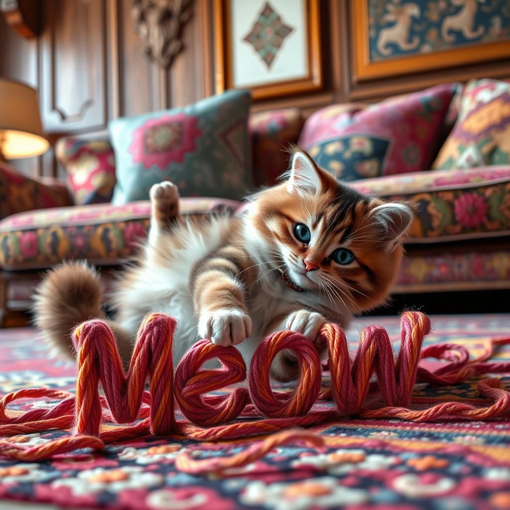 Playful Cat with Yarn in Cozy Living Room