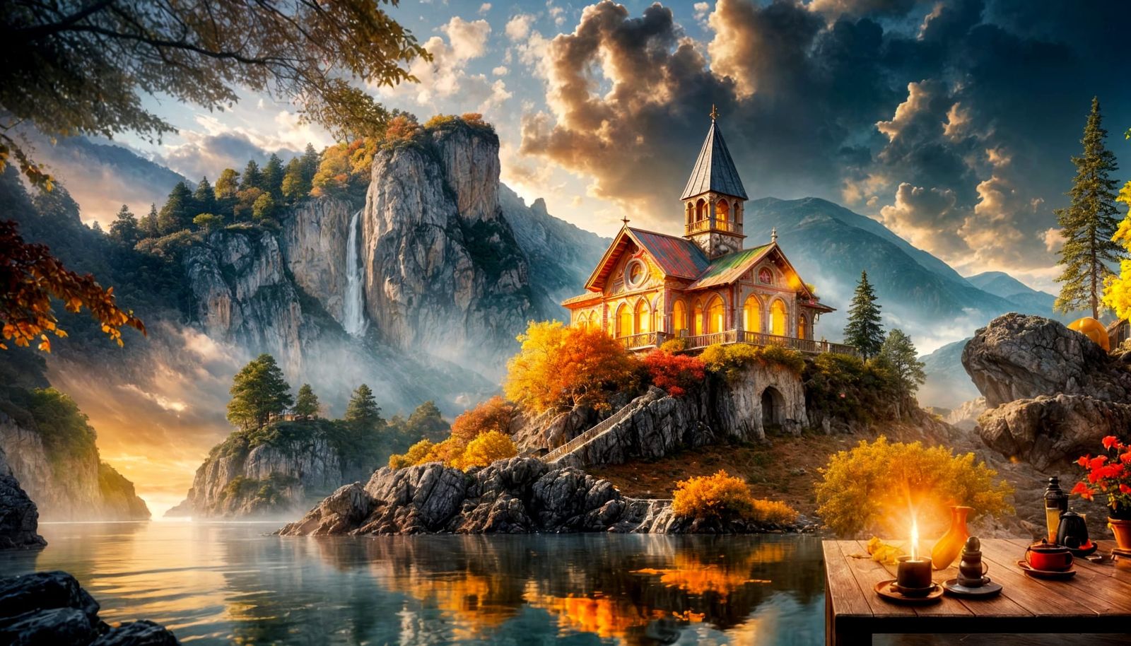 Mediterranean Temple at Sunset in Sfumato Style