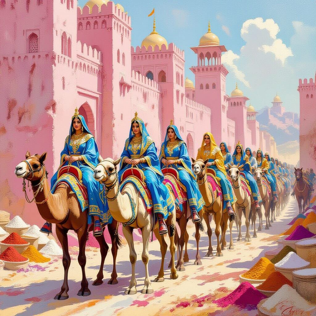 Queens Ride Camels Through Pink City in Detailed Oil Paintin...