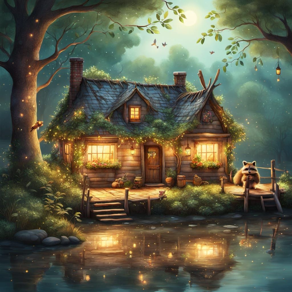 Cozy Raccoon Cottage in Watercolor Style