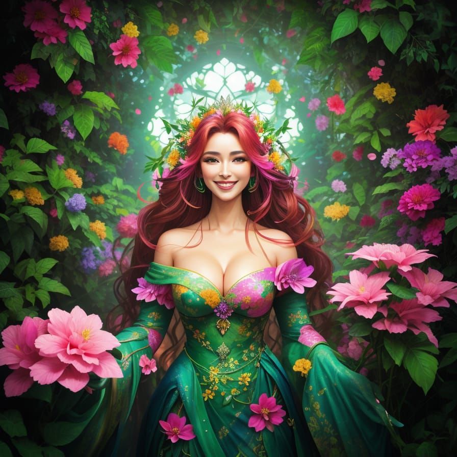 Radiant Woman Surrounded by Fluorescent Flowers