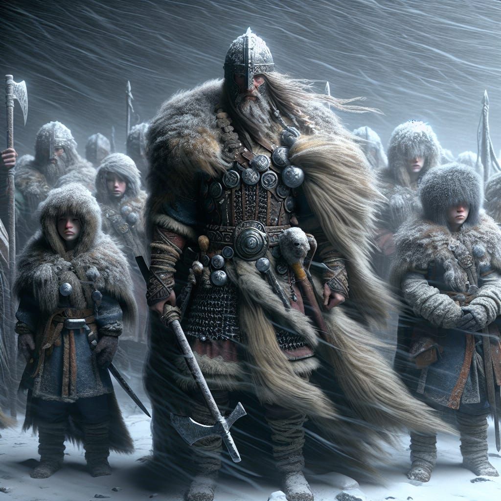 a warrior viking with his children