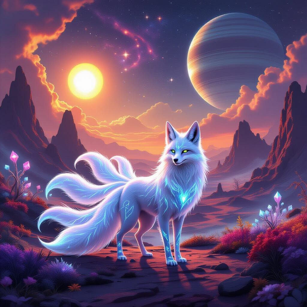 Alien World With Nine-Tailed Fox Under Twin Suns