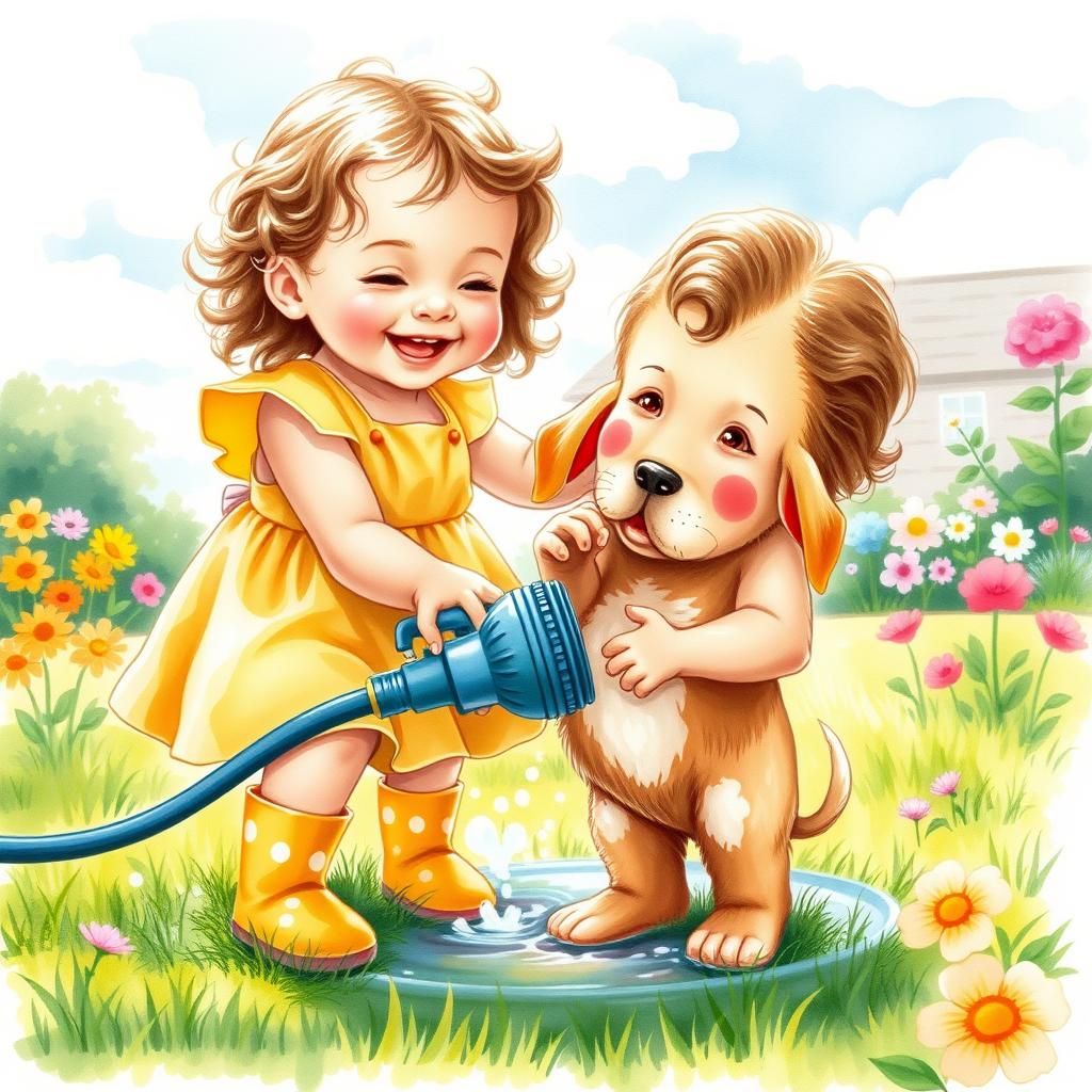 Girl Gives Puppy a Bath in Whimsical Watercolor Style