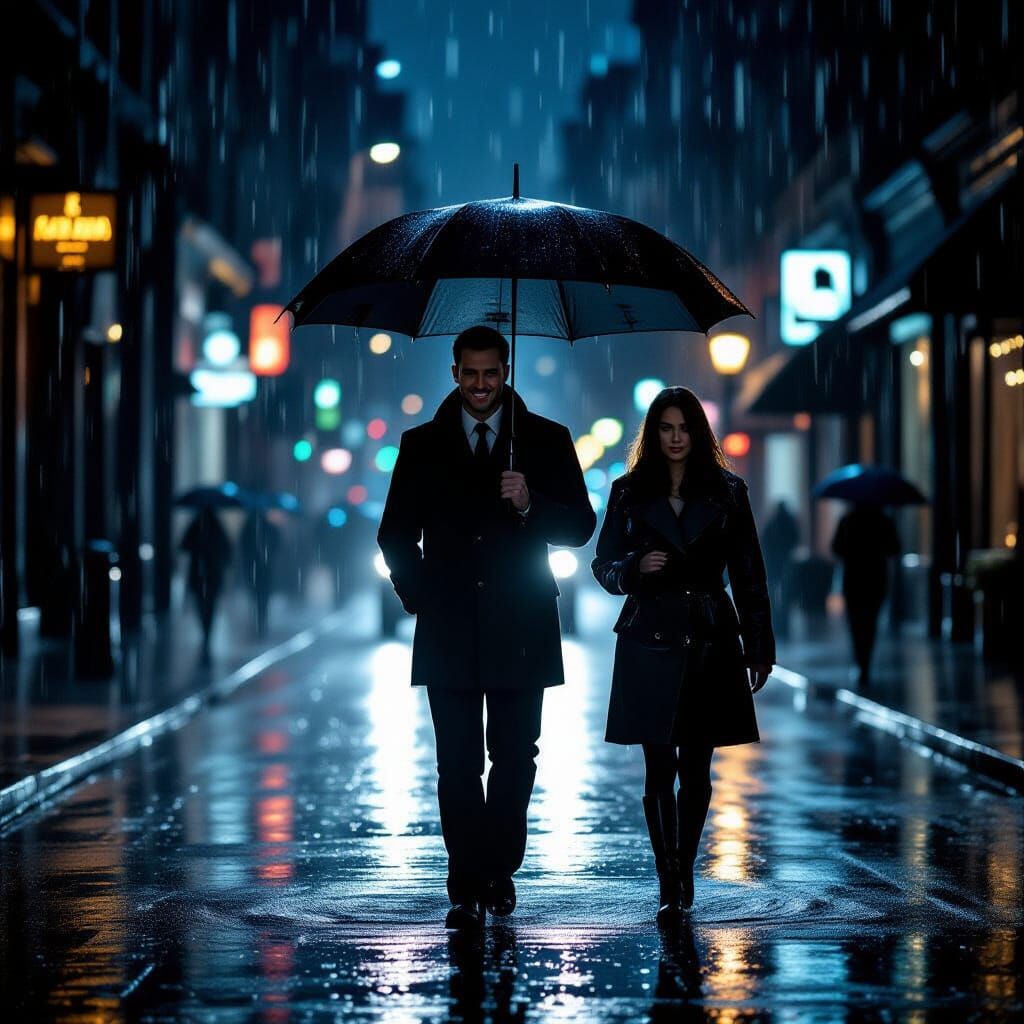 Couple in Heavy Rain, Man Dry Under Umbrella