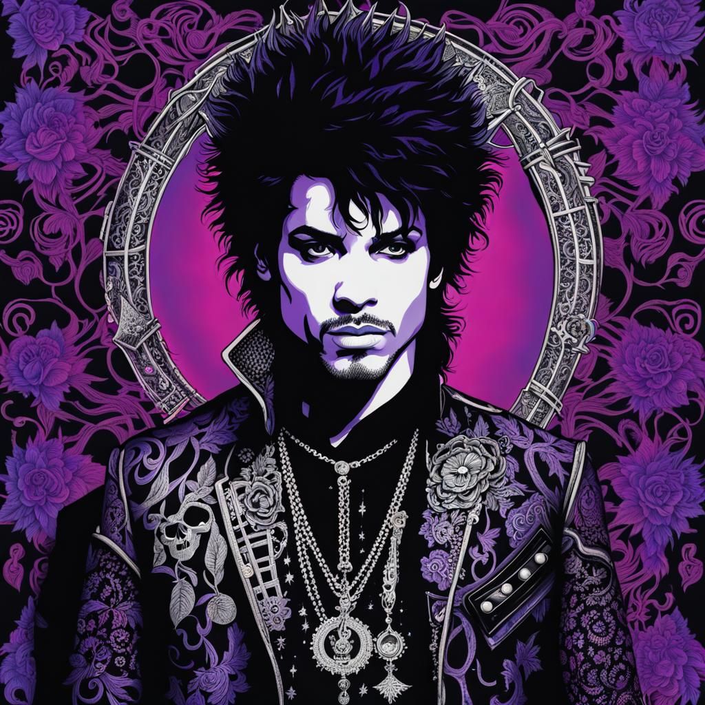 Portrait, punk rock PRINCE LACE, music notes, black light art, album art, new ink, Justina Blakeney, ANNE STOKES
