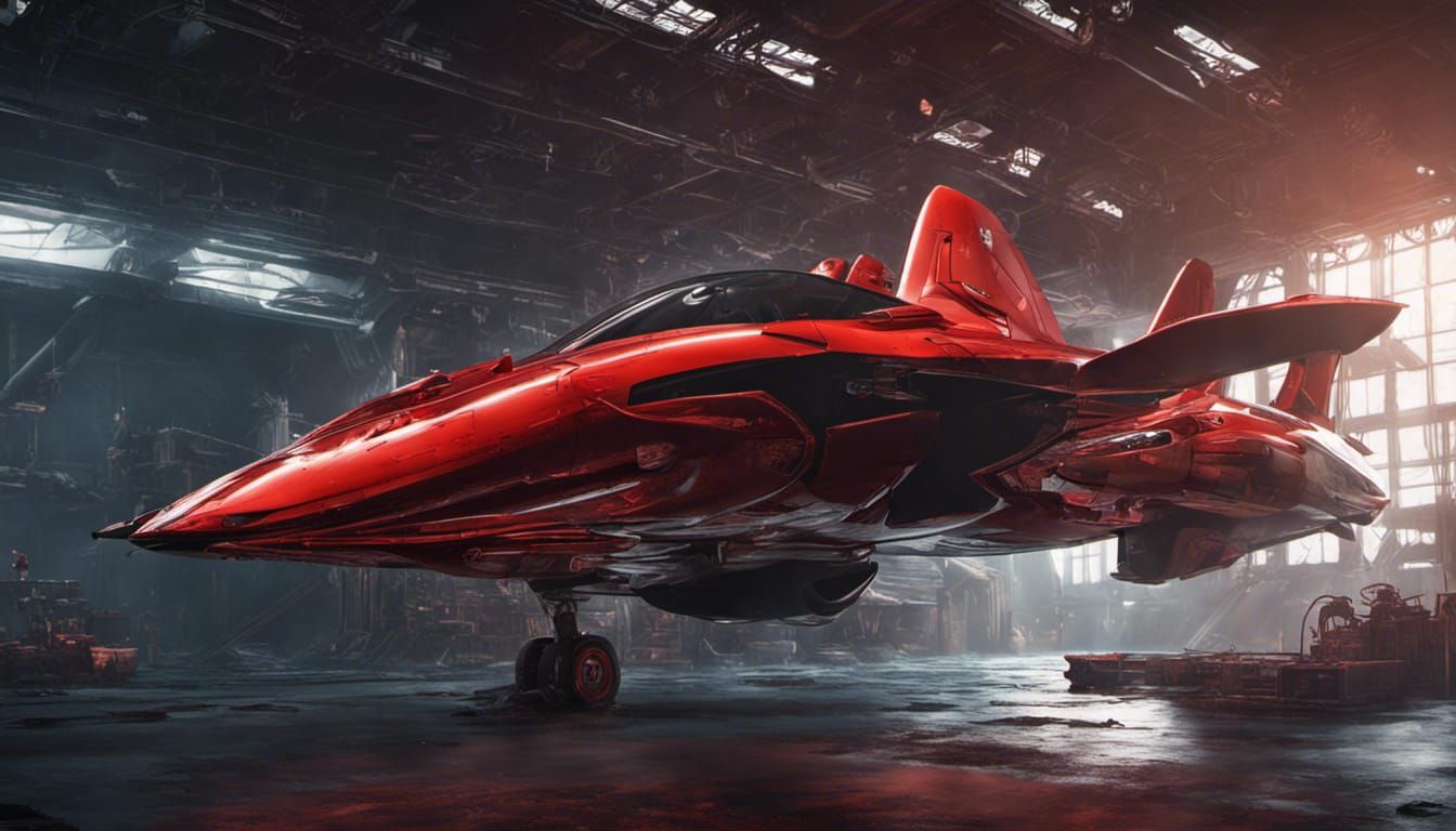Red McLaren on Spaceship Hangar in Dark Fantasy Style