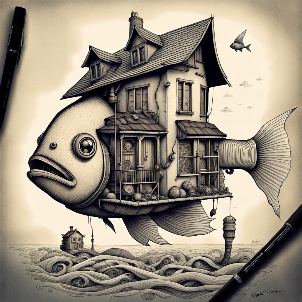 Steampunk Fish House: Surreal Ink Drawing