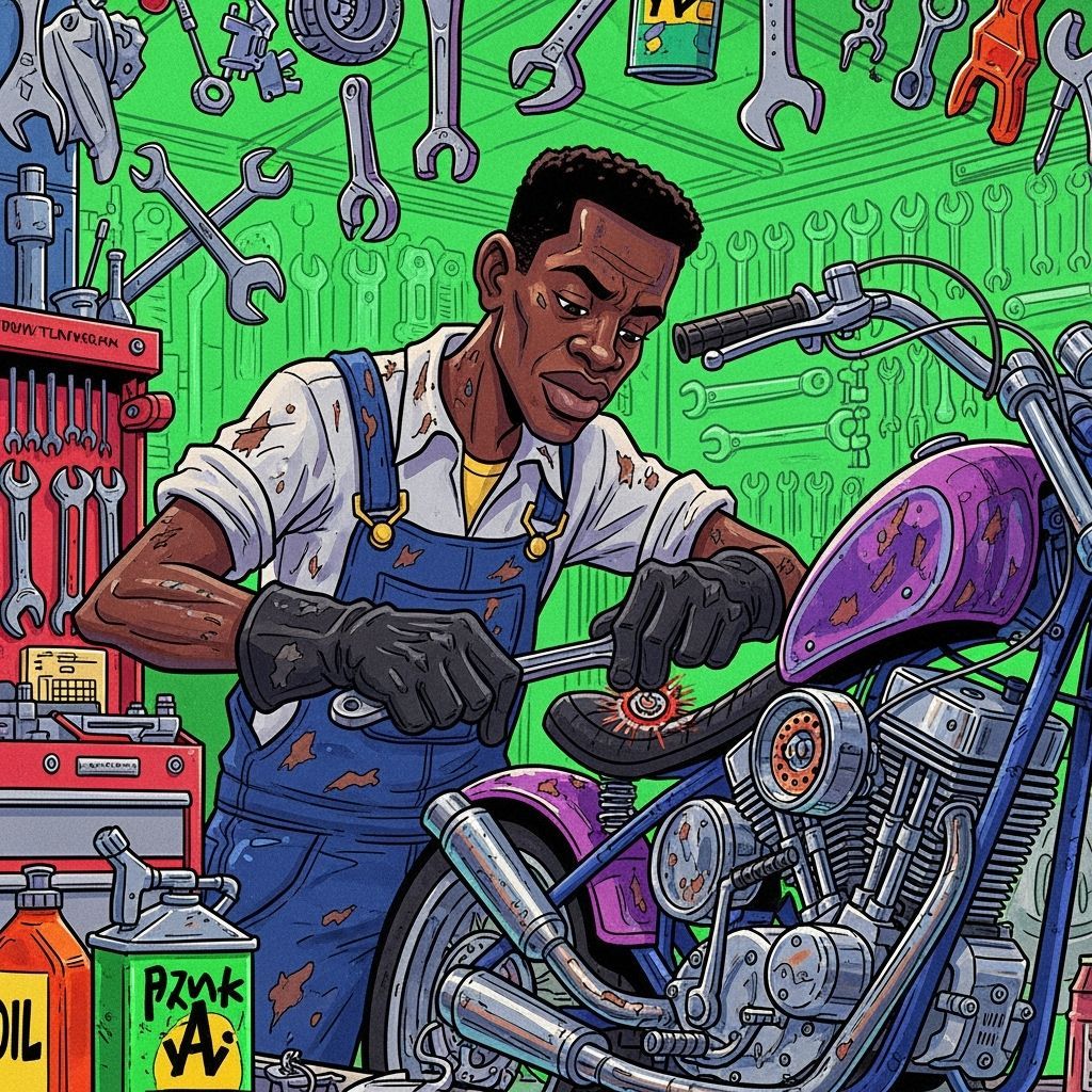 Mechanic Tuning Motorcycle in Cartoon Garage