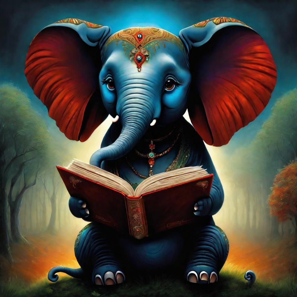 Chibi Elephant Reading Book in Renaissance Style