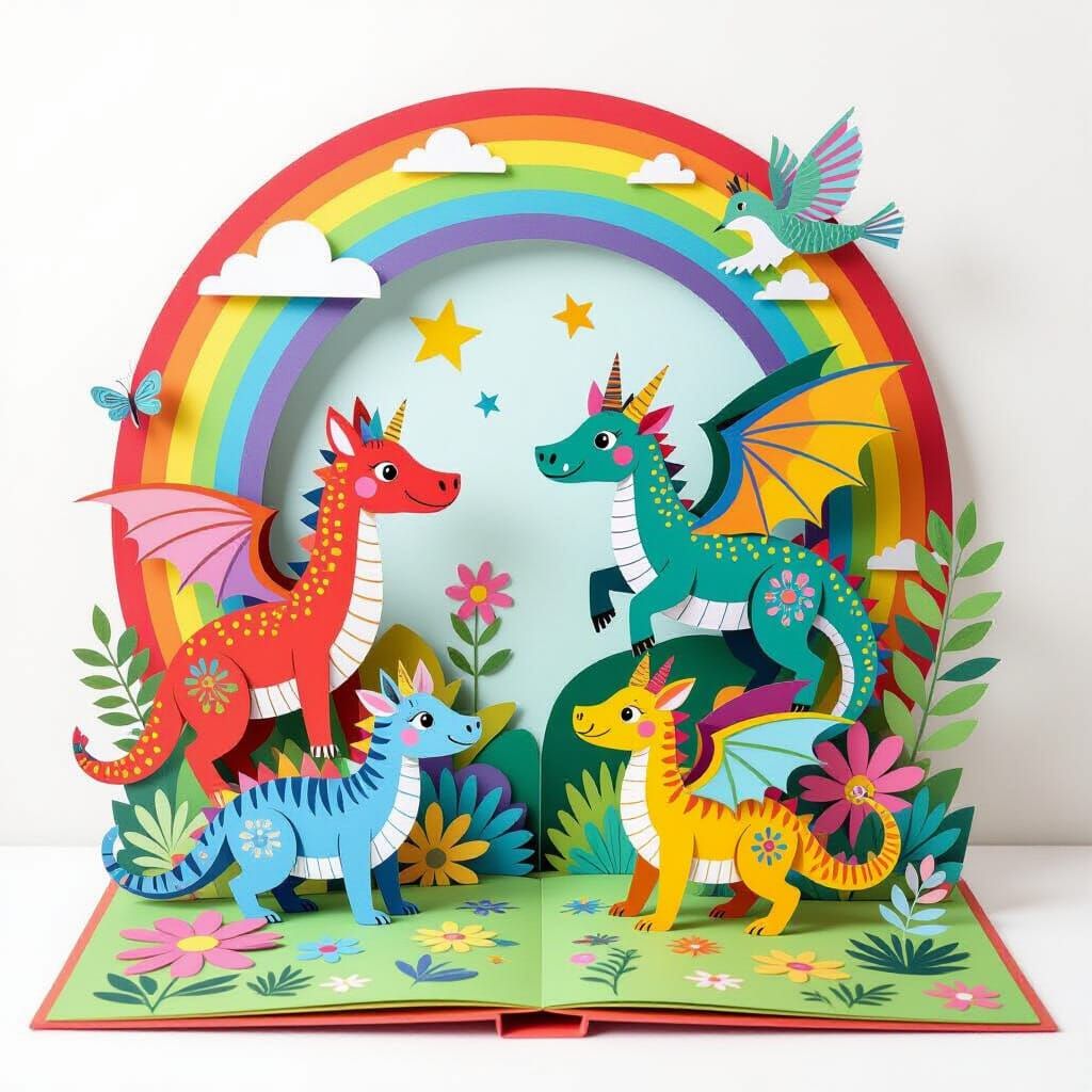 Whimsical Rainbow Fantasy Creatures in Pop-Up Book Style