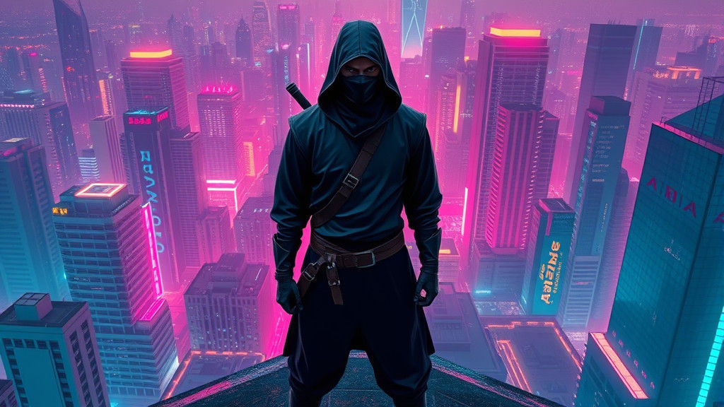 Cyberpunk Ninja Overlooking Neon Cityscape