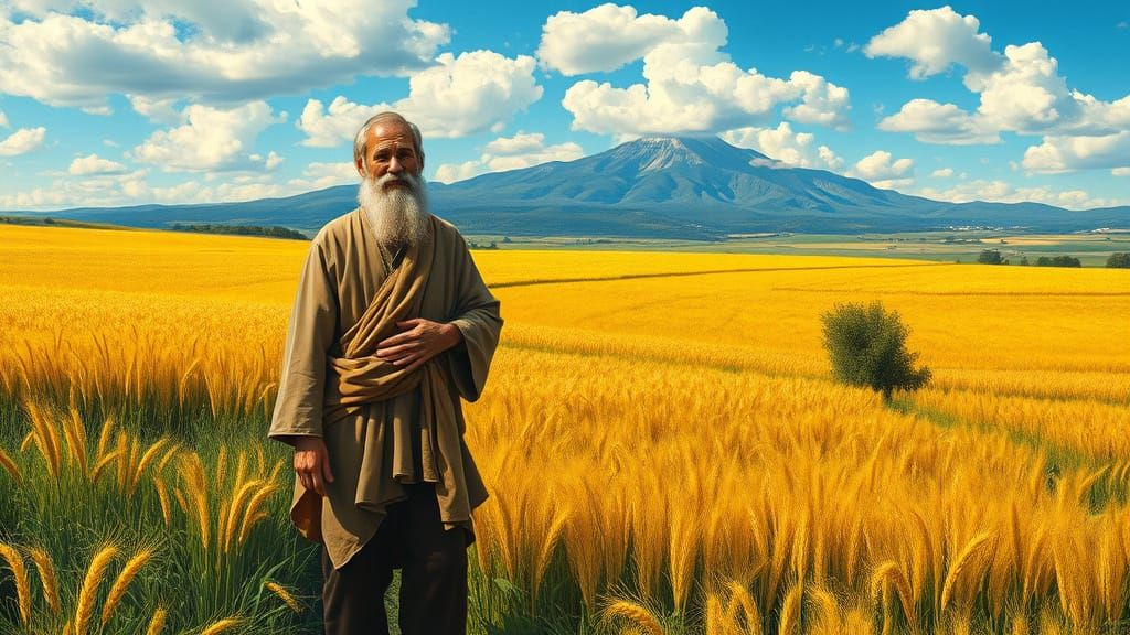 Farmer in Vibrant Harvest Scene with Majestic Mountains